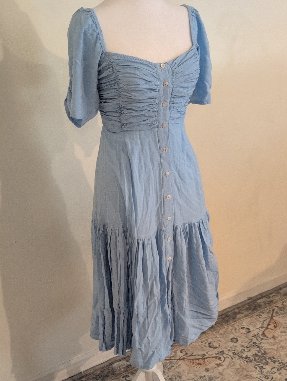 ELF Sky Blue Button-Front Midi Dress with Puff Sleeves